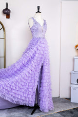 Lavender Plunging V Neck Appliques Layers Long Prom Dress with Slit