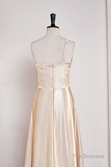 Champagne One Shoulder A-line Satin Tea Length Bridesmaid Dress