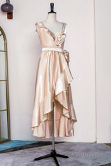 Champagne Ruffled Faux-Wrapped A-line Hi-Low Bridesmaid Dress with Sash