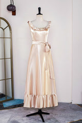 Champagne Sleeveless Ruffled A-line Tea-Length Bridesmaid Dress with Sash