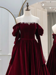 A-Line Long Sleeves Velvet Burgundy Long Prom Dress, Burgundy Long Evening Dress with Beads