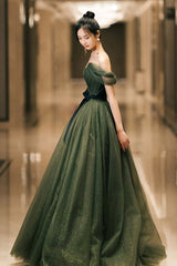 Beautiful Green Tulle Long Prom Dress, A-Line Off the Shoulder Graduation Dress