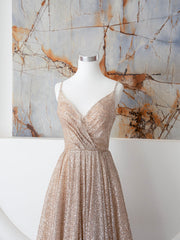 Champagne Spaghetti Strap Sequins Long Prom Dress, Shiny V-Neck Evening Dress