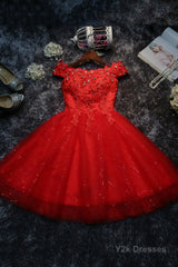 Cute Lace Short A-Line Prom Dresses, Off the Shoulder Party Dresses