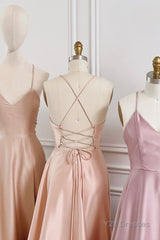 Simple V-Neck Satin Long Prom Dress, A-Line Backless Evening Dress