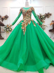 Custom Made Green Ball Gown Tulle Sequins Appliques Long Sleeve Wedding Dress