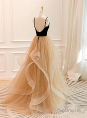 A-Line Champagne Tulle Sweetheart Beaded Long Prom Dress, Tulle Layers Party Dress