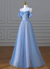 A-line Light Blue and Pink Long Evening Dress, Blue Party Dress Prom Dress