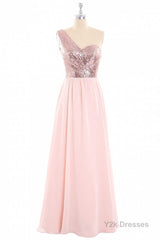 One-Shoulder Sequin and Chiffon A-Line Long Bridesmaid Dress