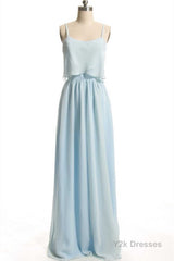 Dusty Blue Chiffon Spaghetti Straps Ruffled Long Bridesmaid Dress