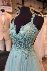 Dusty Sage Flower Straps Beaded V Neck Long Prom Dress