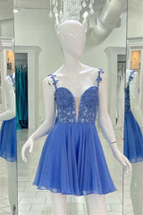 Blue Deep V Neck Straps A-line Appliques Chiffon Homecoming Dress