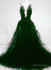 Dark Green Tulle With Lace Deep Neckline Backless Prom Dress, Dark Green Party Dress