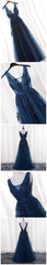 Glamorous Navy Blue Lace Tulle V Neck See Through Prom Dress