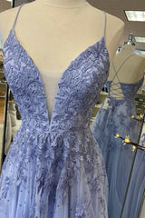 Periwinkle Floral Lace Plunge V A-Line Prom Dress with Slit