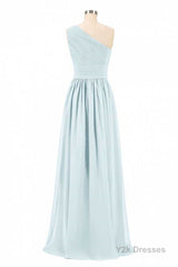 Dusty Blue Chiffon One-Shoulder Banded Waist Bridesmaid Dress