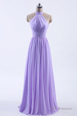 High Neck Lavender Chiffon Empire A-line Long Bridesmaid Dress