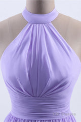 High Neck Lavender Chiffon Empire A-line Long Bridesmaid Dress