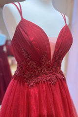 Red Plunging V Neck Double Straps Beaded Appliques Pleated Long Prom Dress