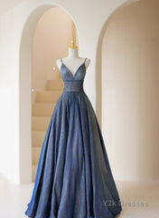 Blue V-Neckline Straps Low Back A-Line Prom Dress, Blue Long Evening Dress