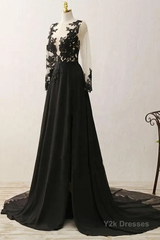 Black Long Sleeves Chiffon With Lace Evening Dress, Black A-Line Party Dress With Leg Slit