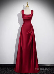 A-Line Sleeveless Wine Red Satin Evening Dress, Wine Red Long Prom Dress