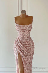 New Arrival Pink Sequins Sleeveless Evening Dresses With Split