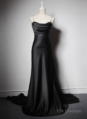 Black Soft Satin A-Line Floor Length Prom Dress, Black Straps Long Evening Dress