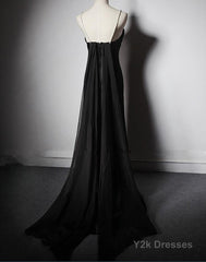 Black Soft Satin A-Line Floor Length Prom Dress, Black Straps Long Evening Dress