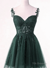 V-Neckline Dark Green Tulle With Lace Short Homecoming Dress, Green Short Prom Dress