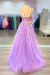 A-Line Tulle Princess Light Purple Prom Dress With Appliques, Tulle Straps Formal Dress