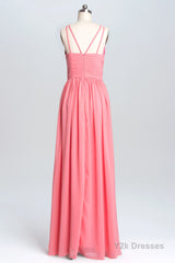 Coral Double Straps Pleated A-line Bridesmaid Dress