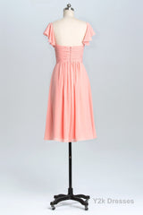 Flutter Sleeves Coral Pleated A-line Short Party Dress