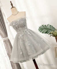 Gray Sweetheart Lace Tulle Short Prom Dress, Gray Cocktail Dress