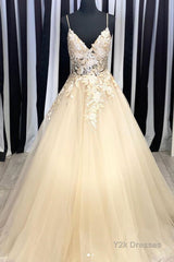 Champagne V Neck Tulle Lace Long Prom Dresses Evening Dresses