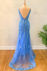 Blue Floral Appliques Backless Mermaid Long Prom Dress