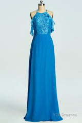 Blue A-line Lace and Chiffon Full Length Bridesmaid Dress