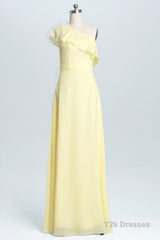 One Shoulder Yellow Ruffles A-line Long Bridesmaid Dress