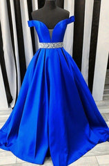 2025 New Arrival A Line Satin Royal Blue Sweetheart Off Shoulder Beaded Long Prom Dresses