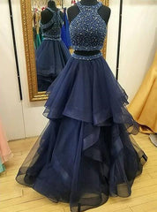 2025 Cheap A Line Ruffles Tulle Navy Blue High Neck Two Pieces Prom Dress