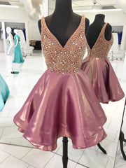 2025 A-Line/Princess V Neck Sleeveless V Back Beading Layers Cut Short/Mini Homecoming Dresses