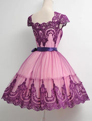 Square Neck Fuchsia Cap Sleeve A Line Appliques Lace Ribbon Trim Homecoming Dresses