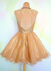 Cap Sleeve Jewel Appliques Sequins Sheer A Line Gold Organza Backless Homecoming Dresses