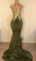 2024 New Arrival Mermaid High Neck Beaded Green Ruch Backless Prom Dresses