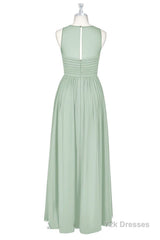 Sage Green Chiffon Sheer Neck A-Line Long Bridesmaid Dress