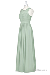 Sage Green Chiffon Sheer Neck A-Line Long Bridesmaid Dress