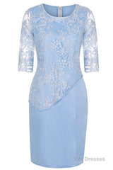 Light Blue Crew Neck Lace Half Sleeve Short Mother of the Bride Dress