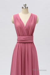 Dusty Rose Chiffon Wrap A-Line Long Bridesmaid Dress