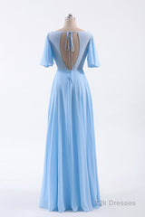 Flutter Sleeves Blue Chiffon A-line Long Bridesmaid Dress