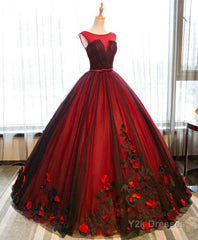 Burgundy Round Neck Tulle Lace Applique Long Prom Dress, Burgundy Evening Dress